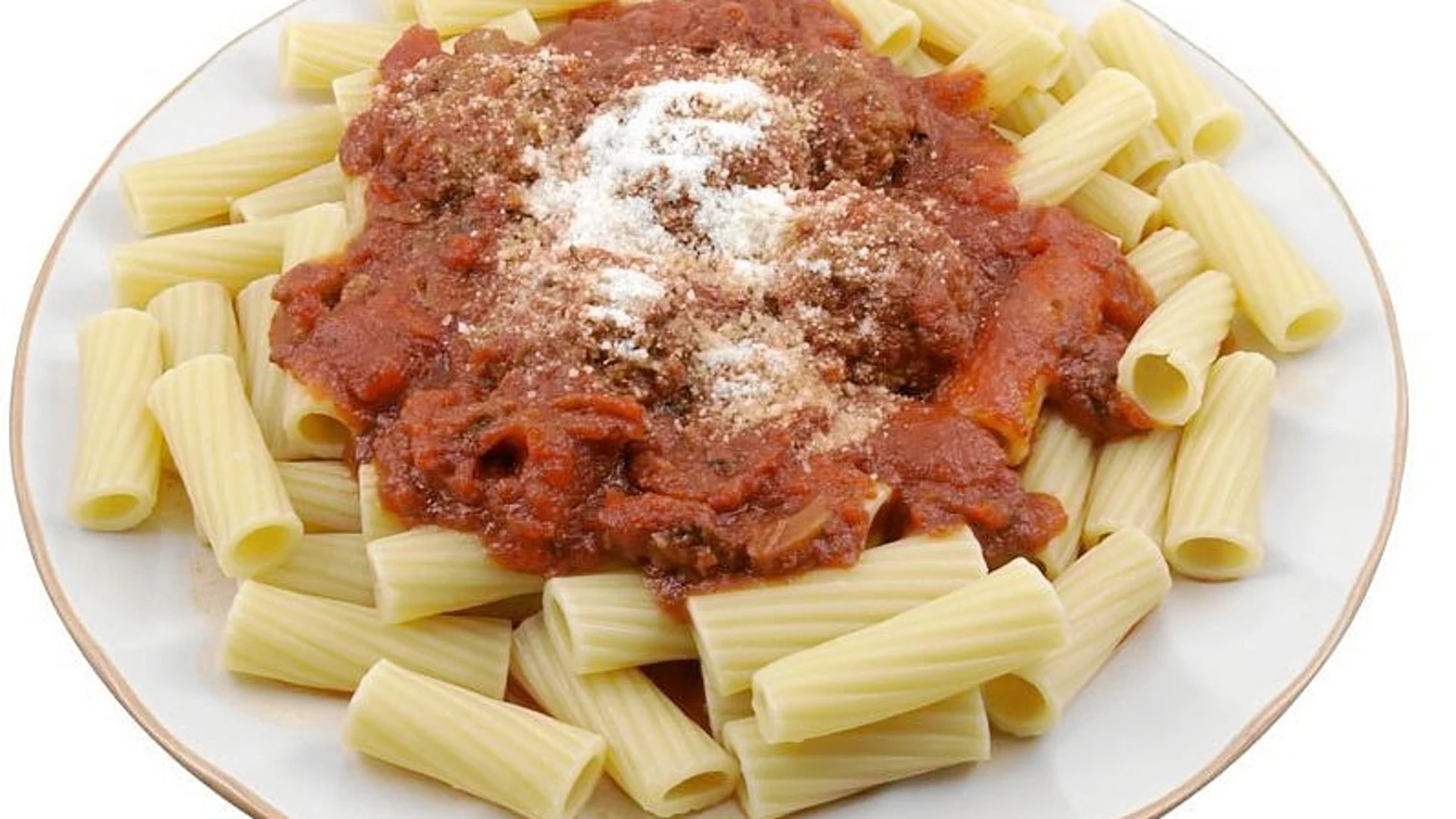 El calorímetro: Pasta blanca (80g) con queso rallado y salsa de tomate