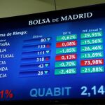 Vista de un panel de la Bolsa de Madrid que muestra la evolución de la prima de riesgo española