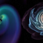 Esta imagen de una visualización animada muestra la fusión de dos estrellas de neutrones en órbita. A la derecha, una visualización de la materia de las estrellas de neutrones. A la izquierda se muestra cómo se distorsiona el espacio-tiempo cerca de las colisiones