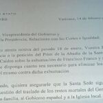 El secretario de Estado de El Vaticano, Parolin, redactó esta carta al Gobierno español