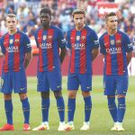 André Gomes, Digné, Umtiti, Samper y Denis Suárez acompañan a Messi