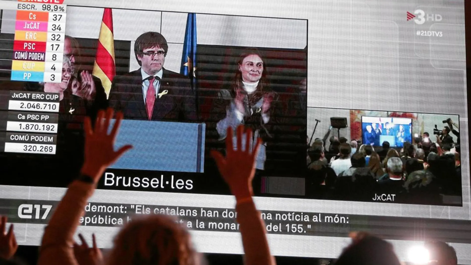 Seguidores de Puigdemont atienden a su comparecencia desde Bruselas tras las elecciones del pasado 21 de diciembre