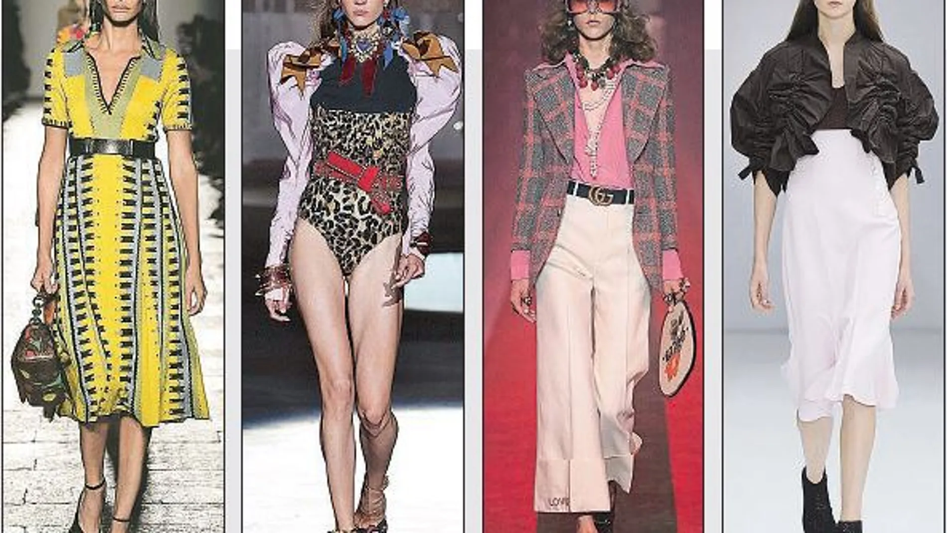Las propuestas de Veneta, DSquared2, Gucci y Ferragamo (en la imagen, de izquierda a derecha) han destacado en esta edición de Milan Fashion Week y en ellas no han faltado los «looks» ochenteros ni la influencia de estilos musicales como el K-pop