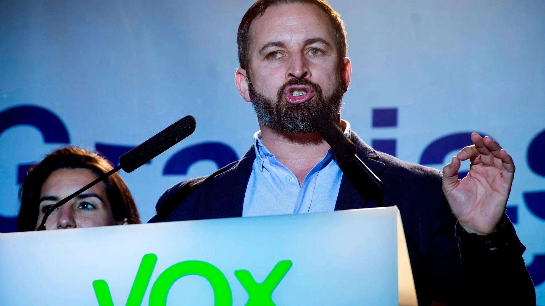 Santiago Abascal, líder de Vox, el pasado domingo celebrando los resultados electorales