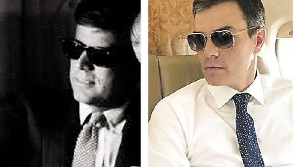 La imagen de Sánchez con las gafas guarda un gran parecido con otra de Kennedy (a la izq., que fue gran asiduo de Ray-Ban) a bordo del Air Force One