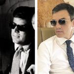 La imagen de Sánchez con las gafas guarda un gran parecido con otra de Kennedy (a la izq., que fue gran asiduo de Ray-Ban) a bordo del Air Force One
