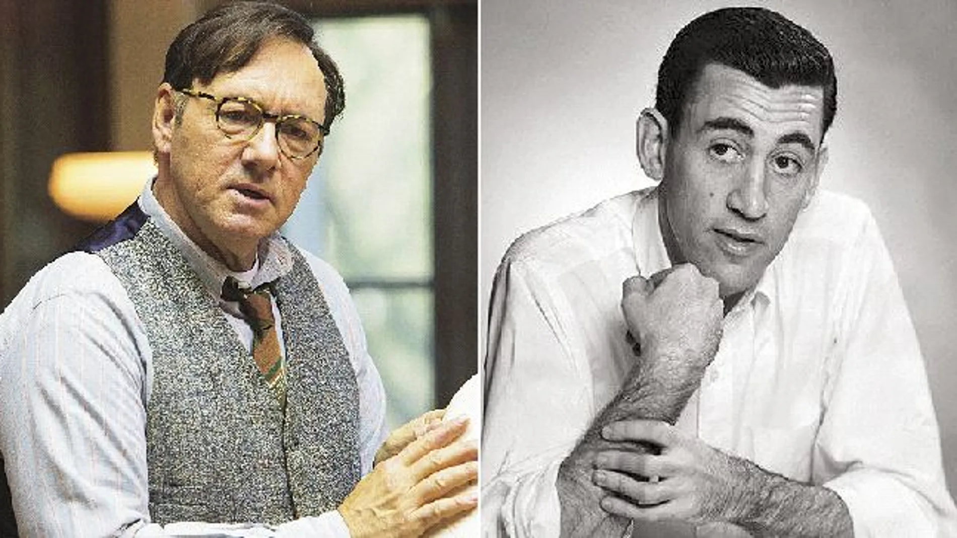 Kevin Spacey (izquierda) interpreta al profesor de J. D. Salinger (derecha) en «Rebelde entre el centeno»
