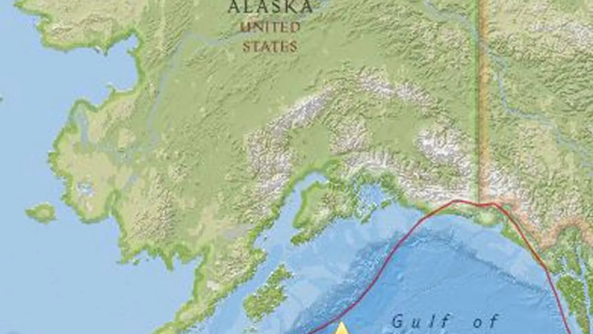 Mapa facilitado por el Centro Geológico de Estados Unidos (USGS) que muestra la localización de un terremoto de 8,2 grados de magnitud en la escala de Richter localizado a una profundidad de 10 kilómetros a 278 kilómetros al sureste de la ciudad de Kodiak, Alaska