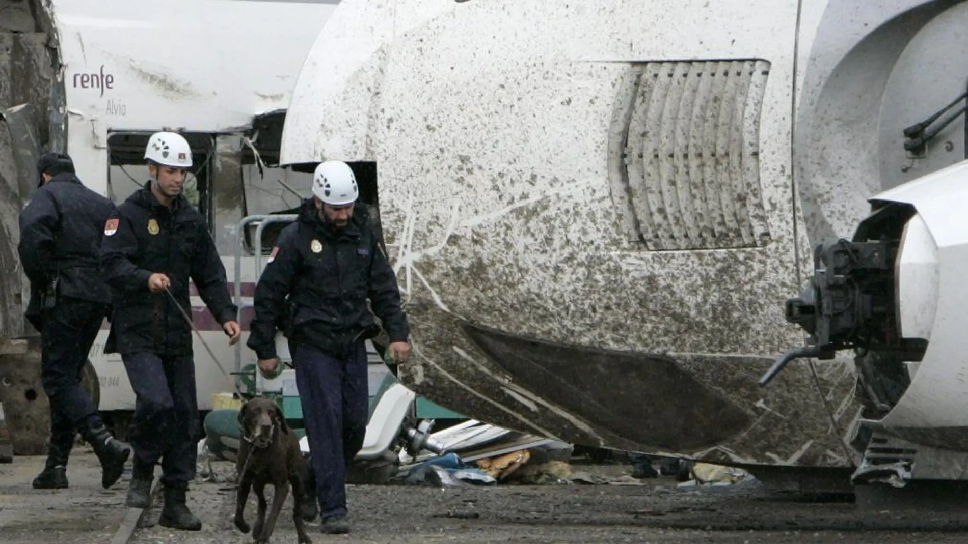 Agentes de la Policía Científica ayudados de perros prosiguen las investigaciones del tren Alvia