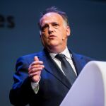 Javier Tebas, durante su intervención en el "World Football Summit"