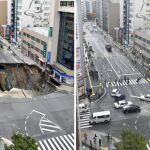 El, antes y el después del enorme socavón en Fukuoka