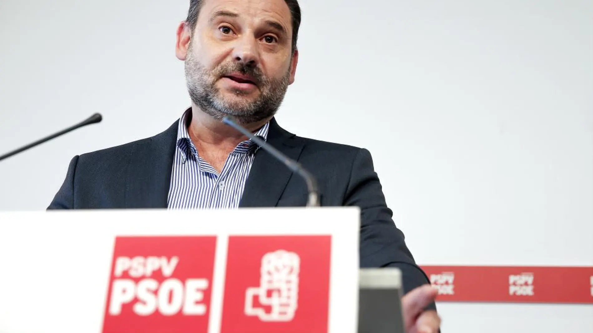 El secretario de Organización del PSOE, José Luis Ábalos, durante la rueda de prensa que ha ofrecido este mediodía.