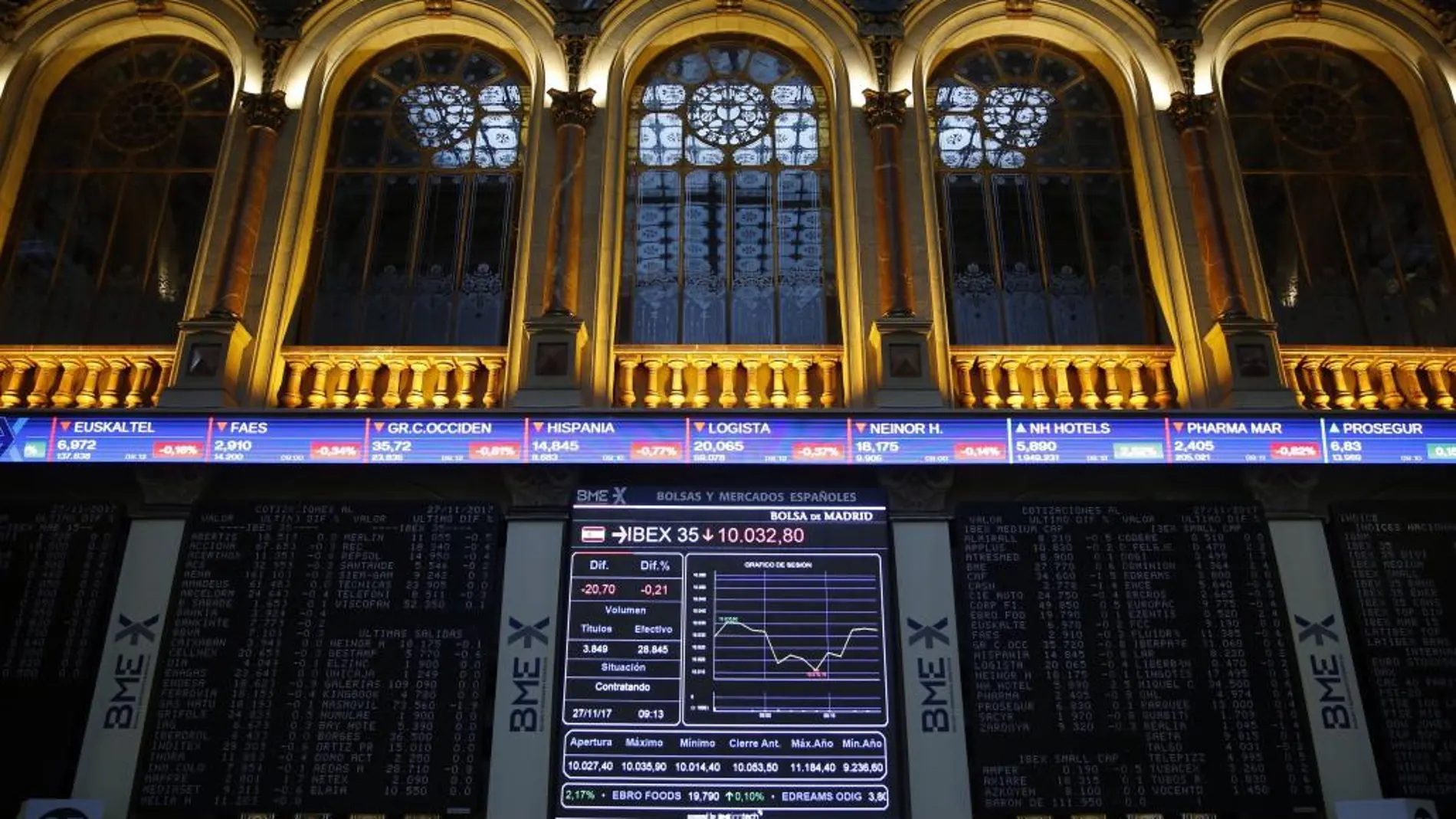 Vista general de un panel de la Bolsa hoy, que muestra el desarrollo de su principal indicador, el IBEX 35