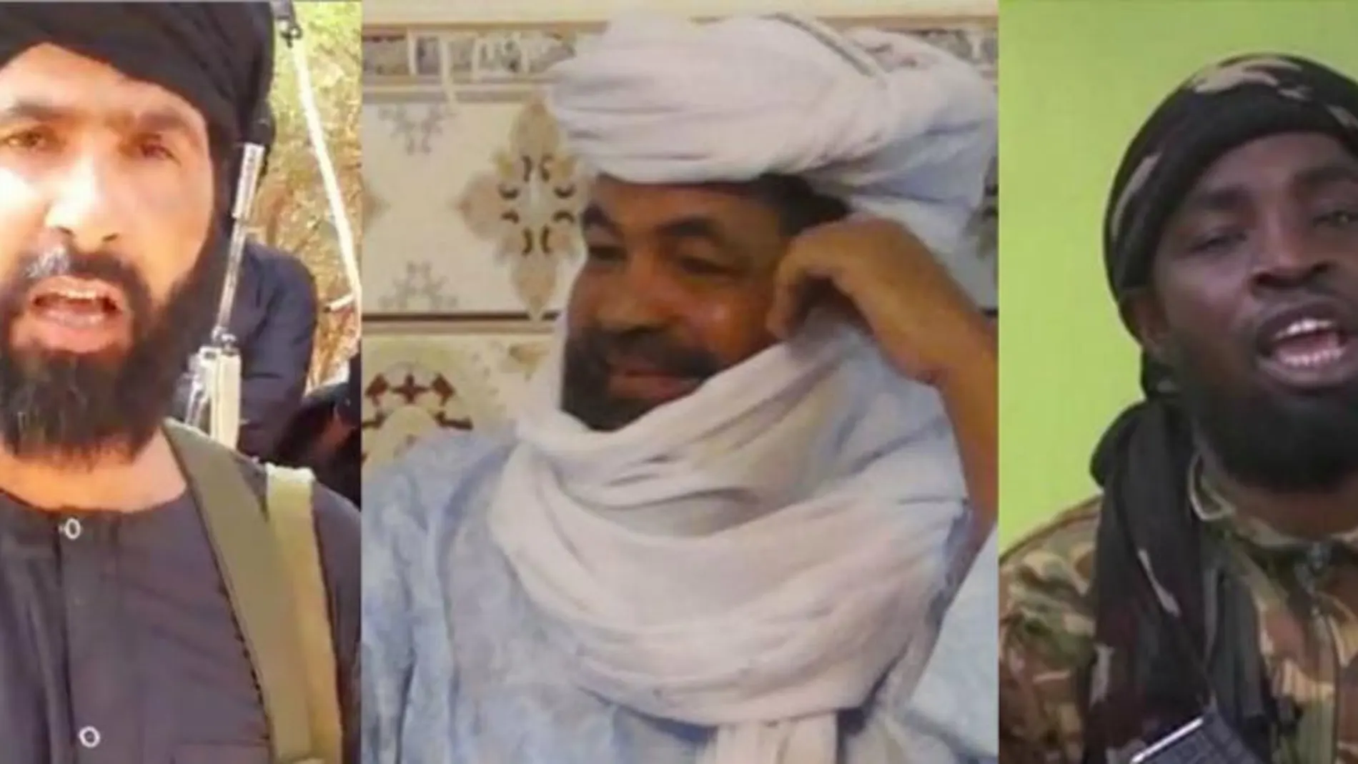 De izquierda a derech, Abu Walid Al-Sahraoui ( eigs), Iyad Ag Ghali (jnim) y Abubakar Shekau (Boko Haram)