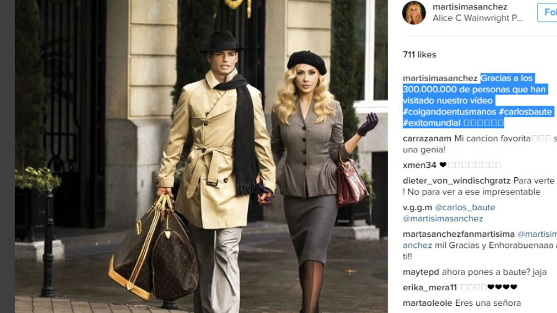 Marta Sánchez y Carlos Baute, en la foto compartida por la artista en Instagram