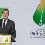 El jefe del Gobierno español, Mariano Rajoy, durante su intervención en la conferencia sobre el cambio climático de París