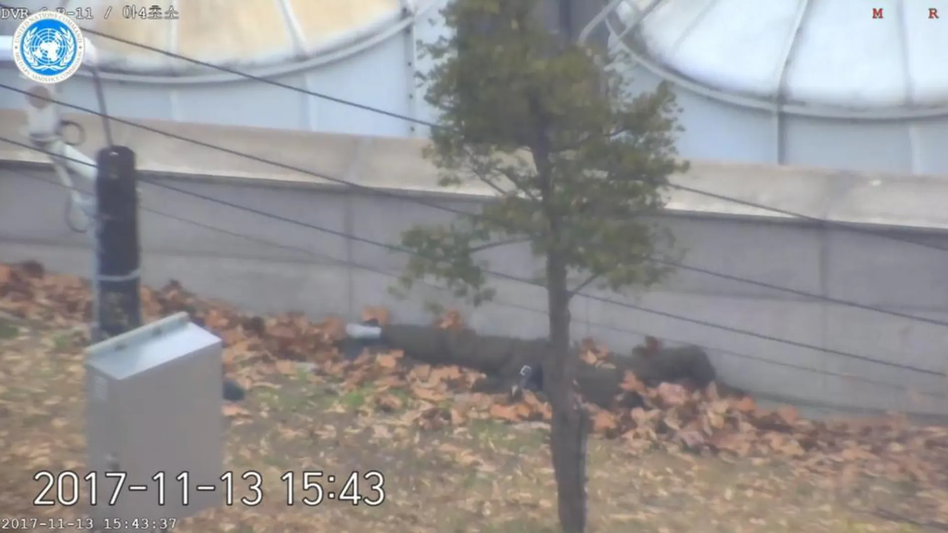 Una captura de pantalla de un vídeo de vigilancia del 13 de noviembre de 2017 muestra a un desertor del Ejército Popular Coreano de Corea del Norte (KPA) en el suelo después de recibir disparos de soldados norcoreanos