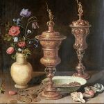 «Bodegón con flores, copas doradas, monedas y conchas» (1612)