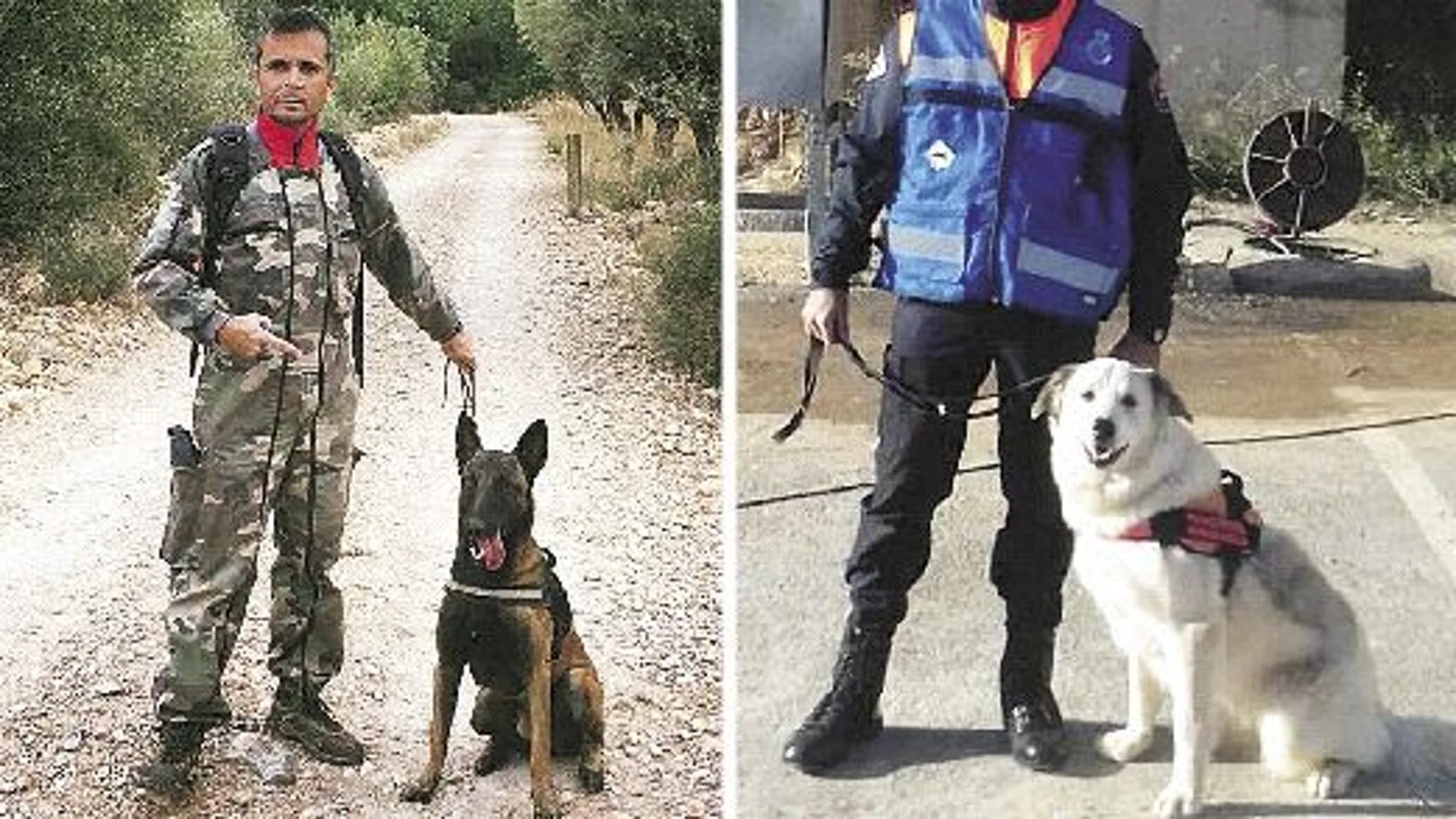 A la izquierda, el dueño e instructor de los perros, Ricardo Illescas, junto a su perro Nilo. A la derecha, con Ossa