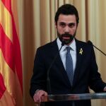 El presidente de la Mesa del Parlament, Roger Torrent, durante su comparecencia para anunciar al candidato a presidir la Generalitat