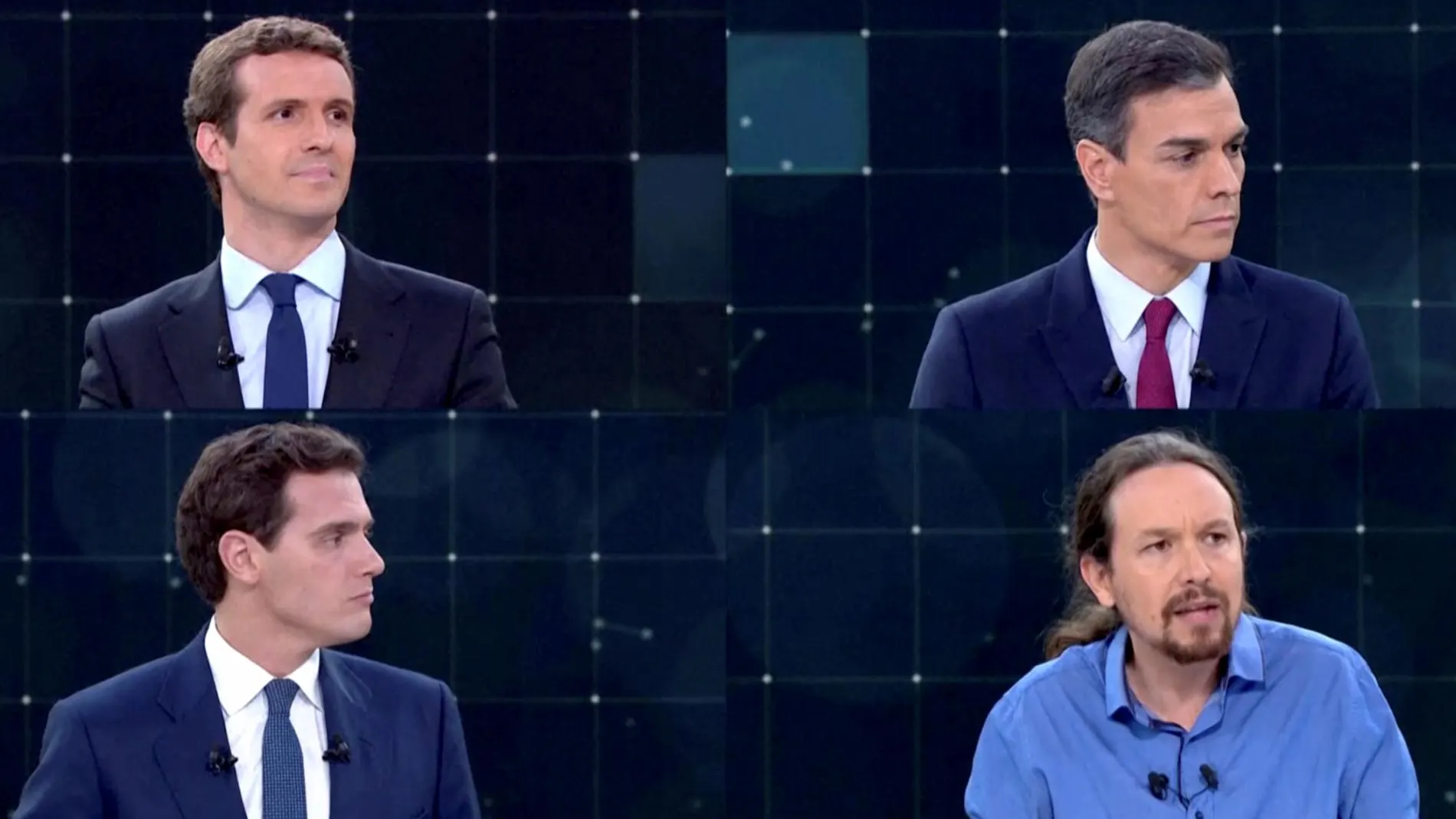 Pablo Casado, Pedro Sánchez, Albert Rivera y Pablo Iglesias durante el debate de ayer.