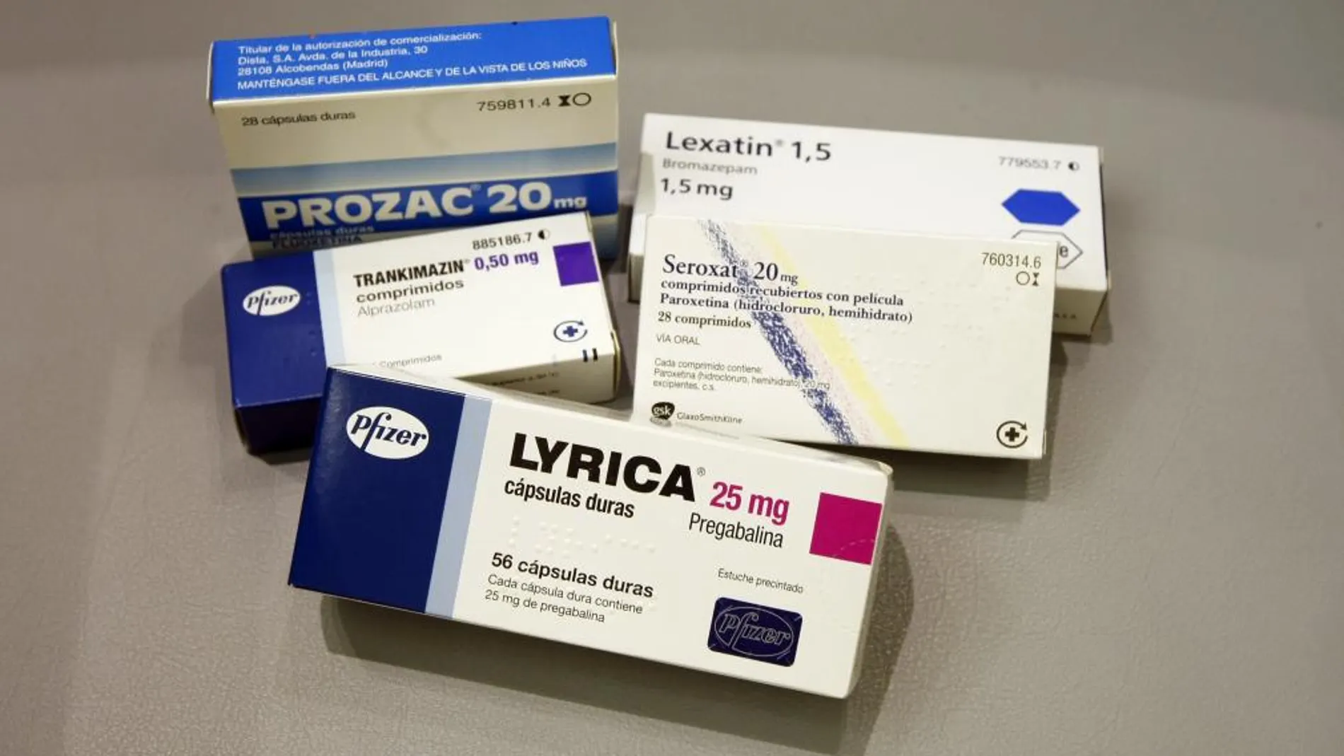 Medicamentos contra la ansiedad y el estrés: Lyrica, Prozac, Lexatin, Seroxal y Tranquimacin.