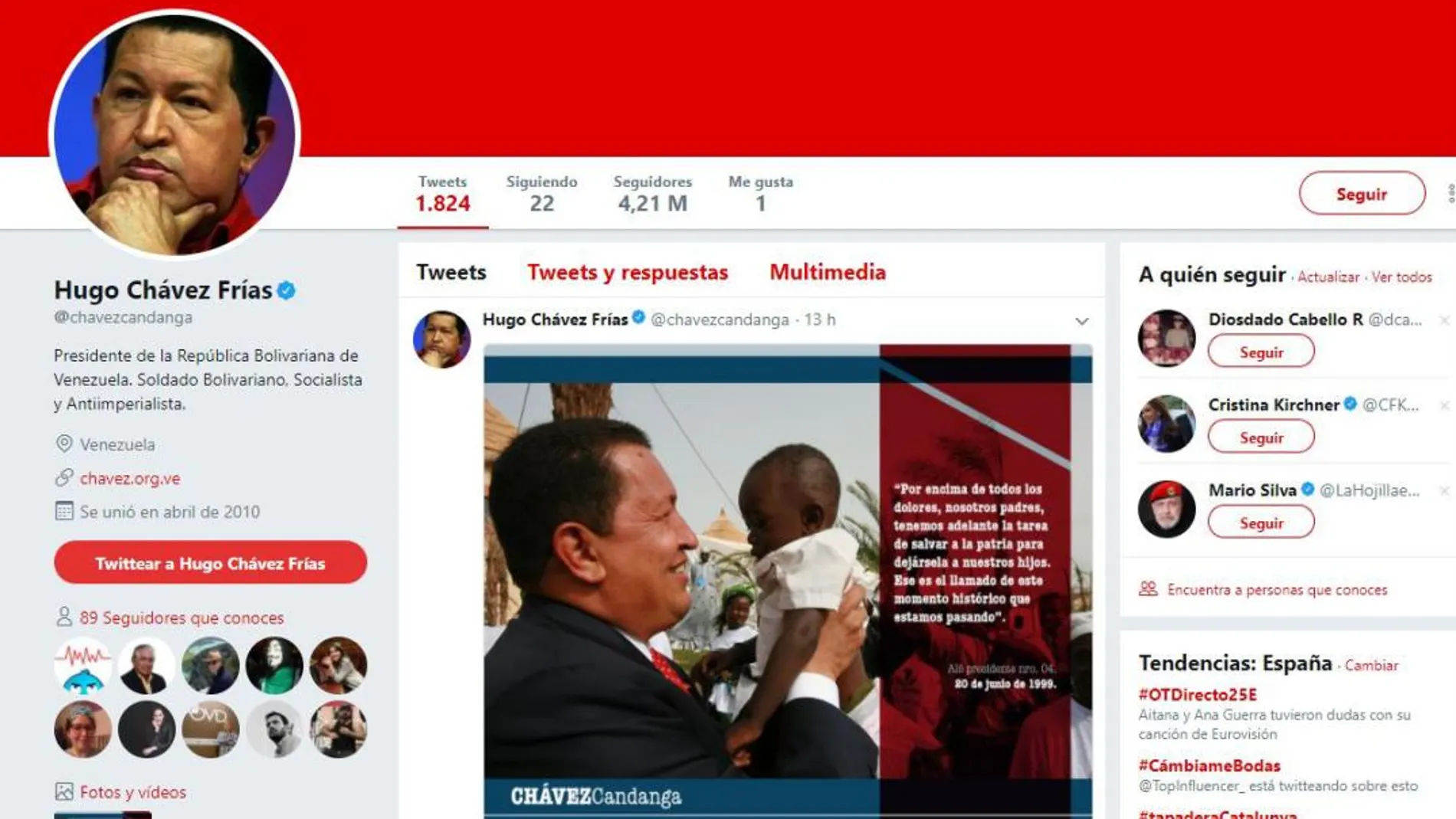 La cuenta de Twitter de Chávez, activa cinco años después de su muerte