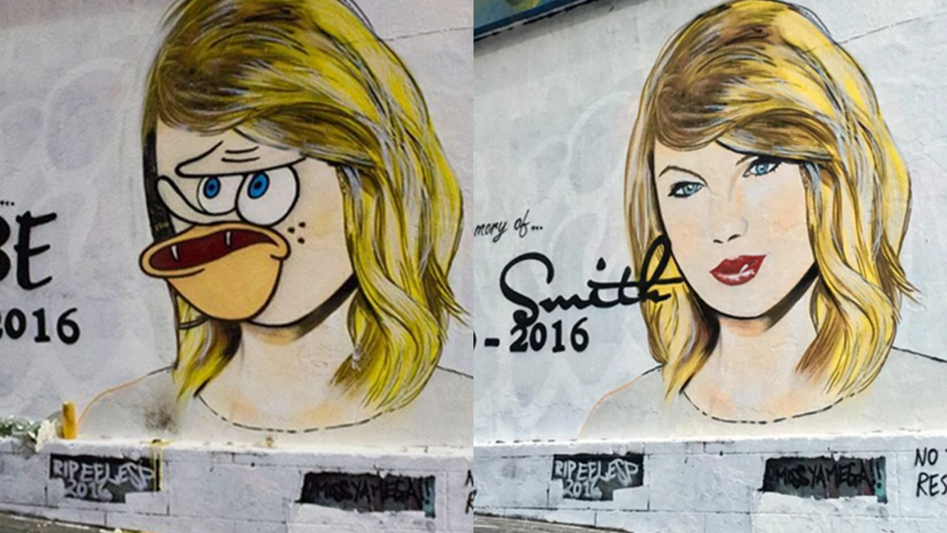 La versión alterada y la original del mural en memoria a Taylor Swift (c) Instagram