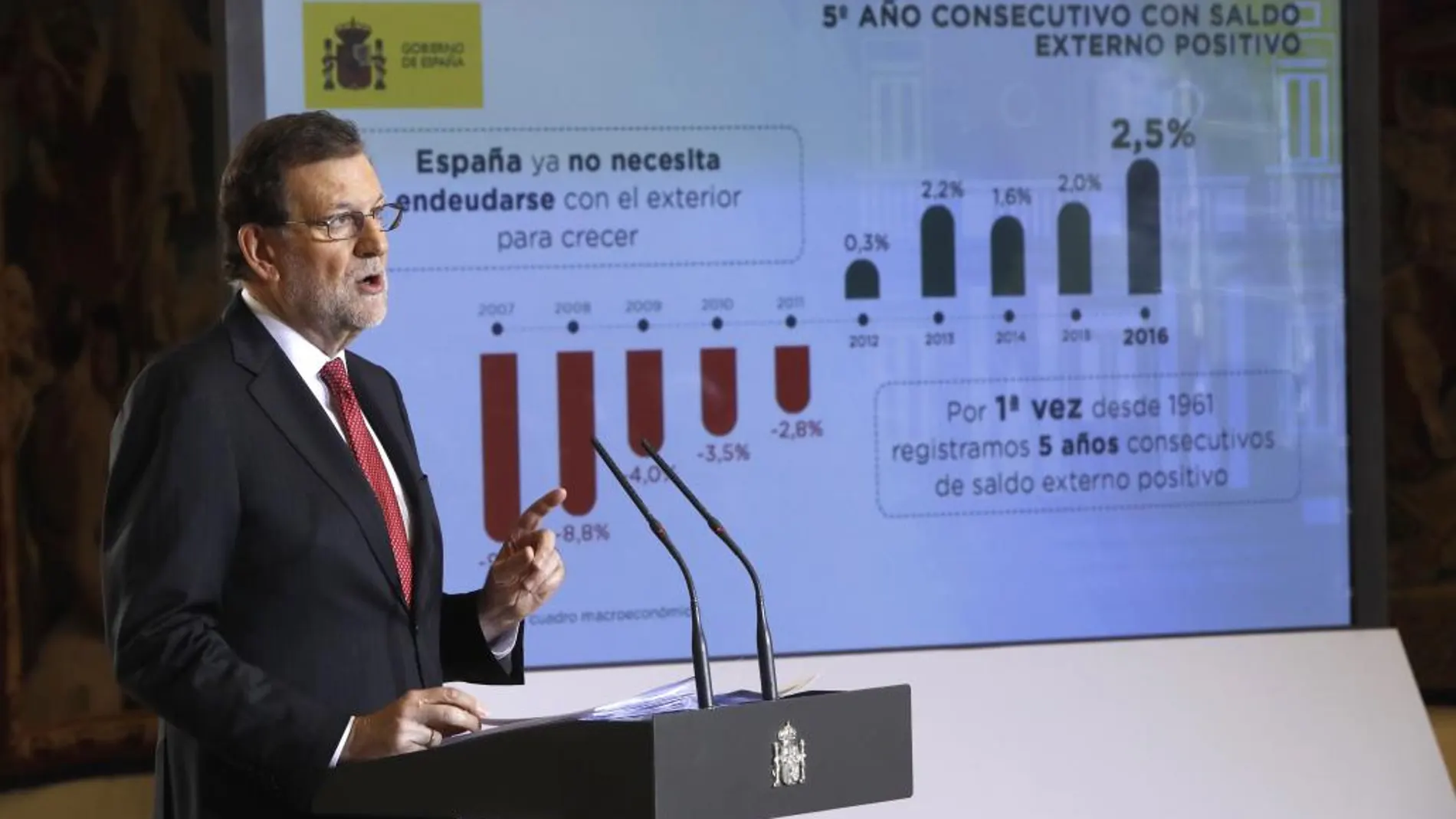 El presidente del Gobierno, Mariano Rajoy, durante la rueda de prensa que ha ofrecido hoy en el Palacio de la Moncloa para hacer balance del año y exponer sus perspectivas para 2017