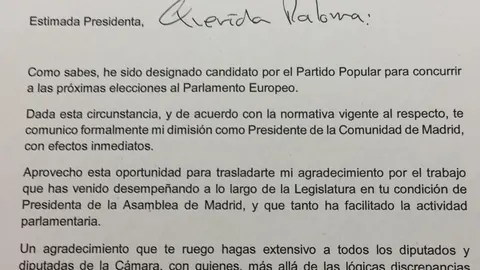 La carta que Garrido ha enviado a Paloma Adrados con su cese
