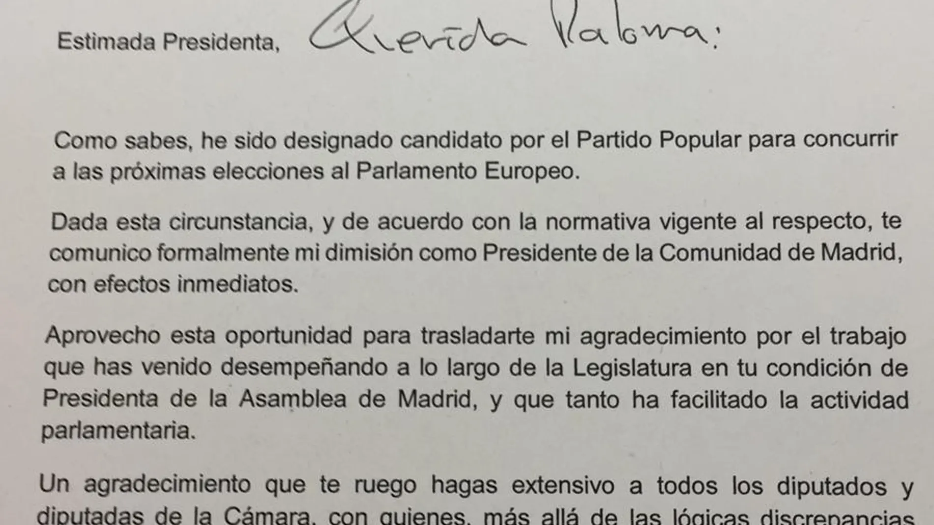 La carta que Garrido ha enviado a Paloma Adrados con su cese