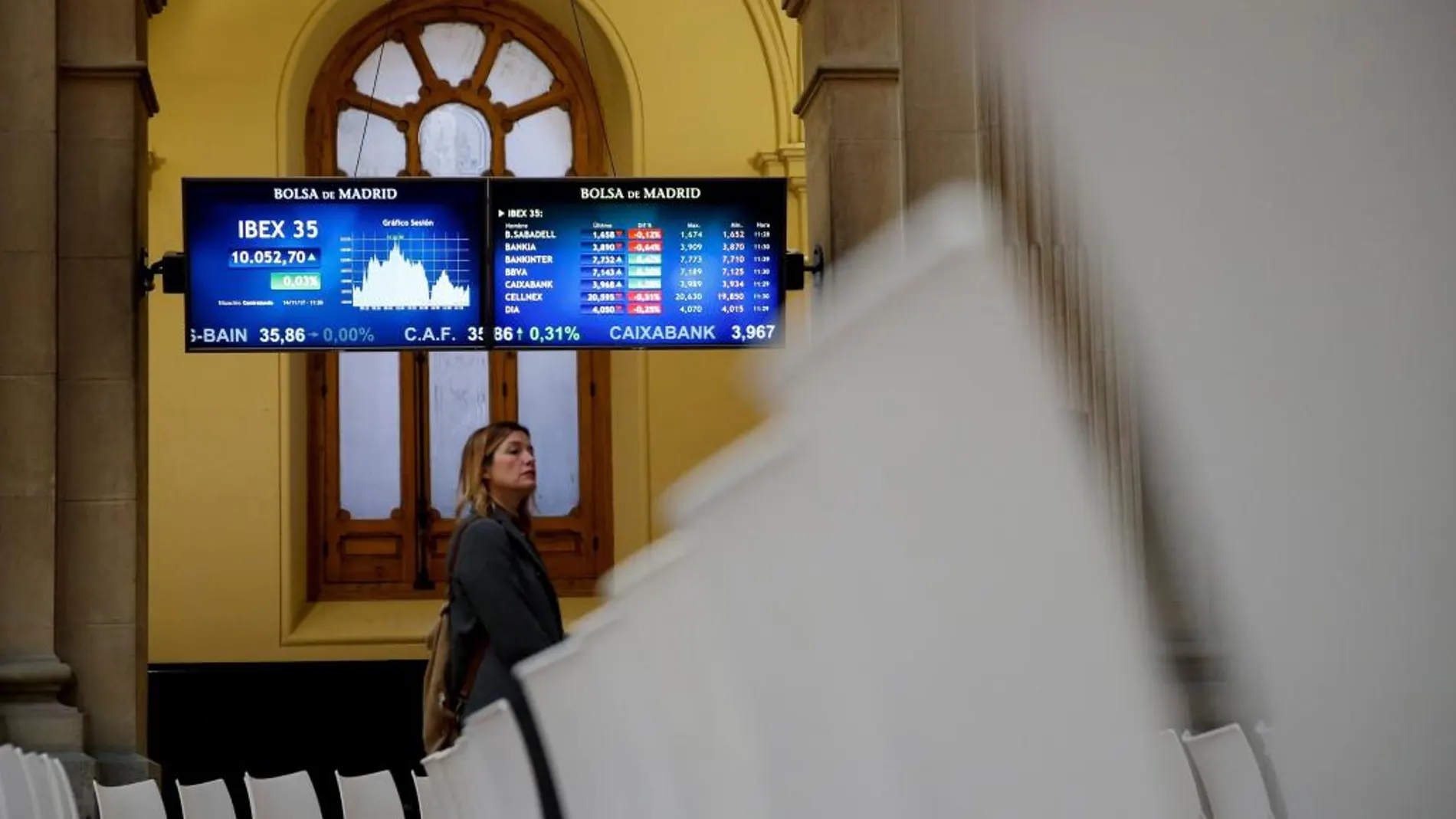 Panel informativo de la Bolsa de Madrid que muestra la evolución del IBEX 35