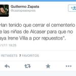 Tuit sobre Irene Villa publicado por Guillermo Zapata