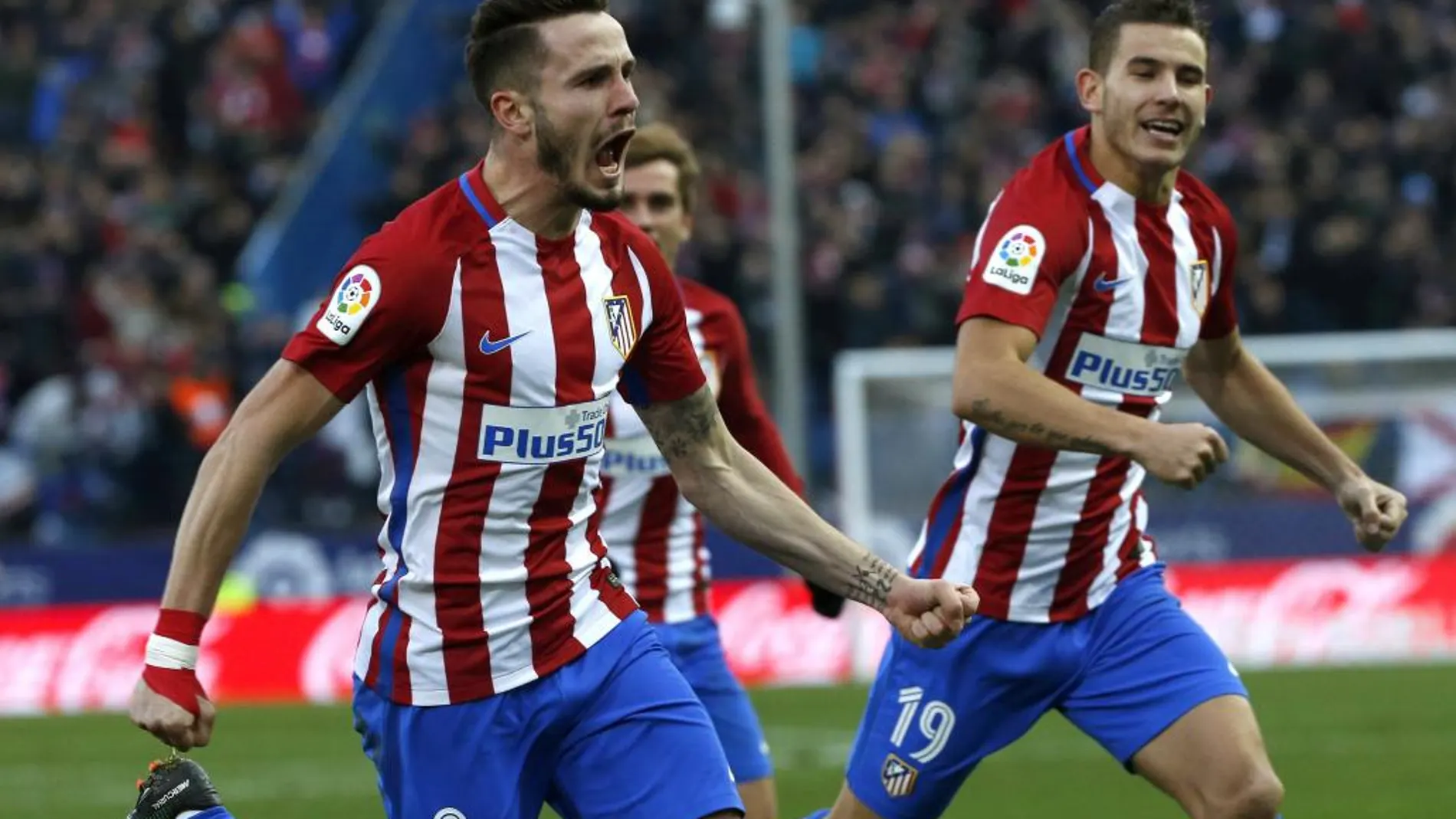 El centrocampista del Atlético de Madrid Saúl Ñíguez celebra el gol que ha marcado, el primero del equipo frente a Las Palma