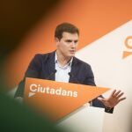 Albert Rivera durante la rueda de prensa que ha ofrecido