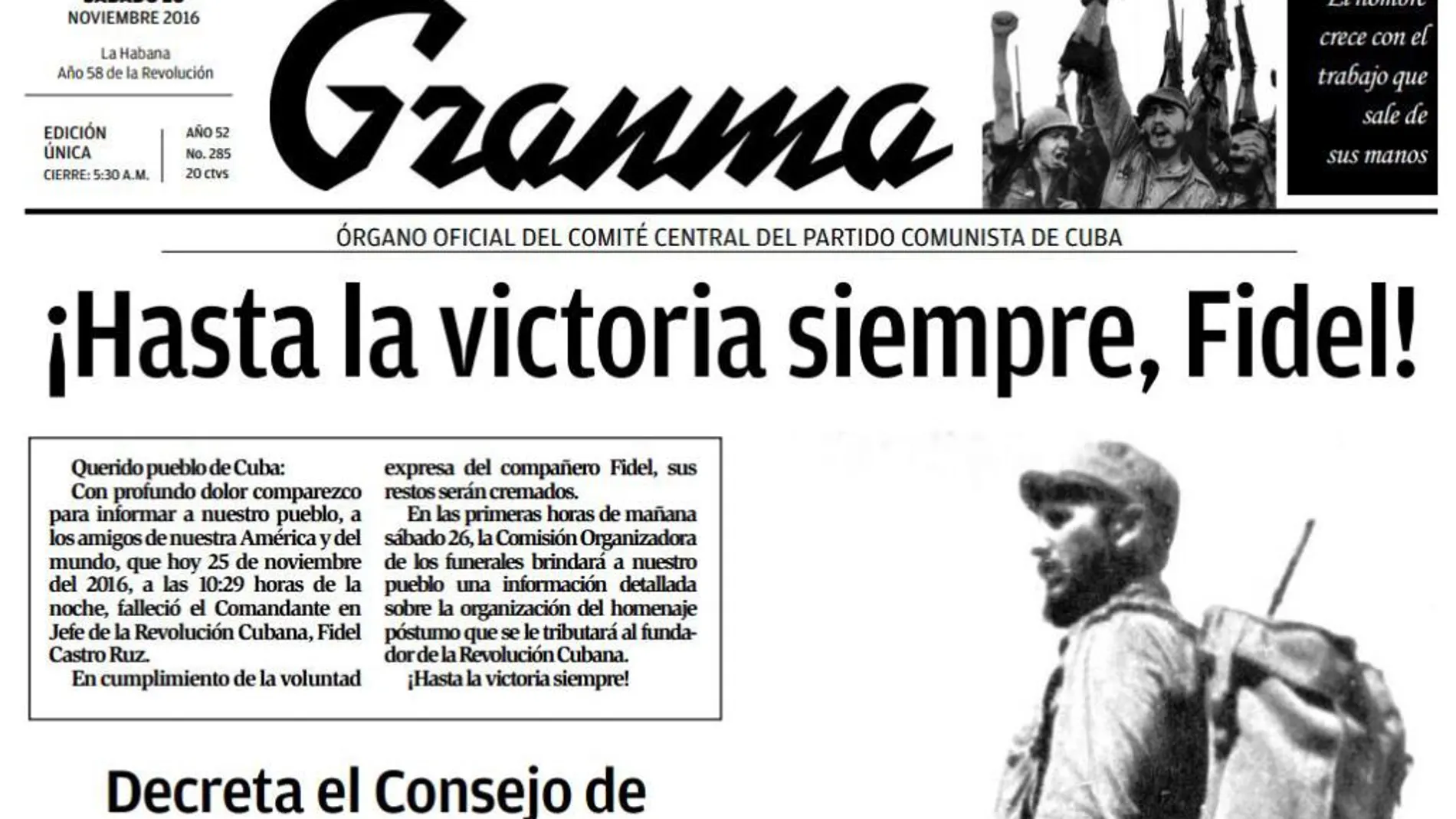 Portada de la segunda edición del 26 de noviembre de Granma, tras la muerte de Fidel Castro