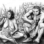 Imagen facilitada por el CSIC de la recreación de dos individuos neandertales ayudándose de la boca para realizar tareas cotidianas