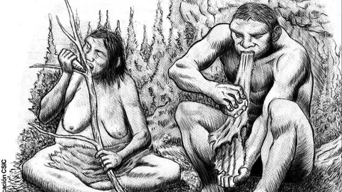 Imagen facilitada por el CSIC de la recreación de dos individuos neandertales ayudándose de la boca para realizar tareas cotidianas