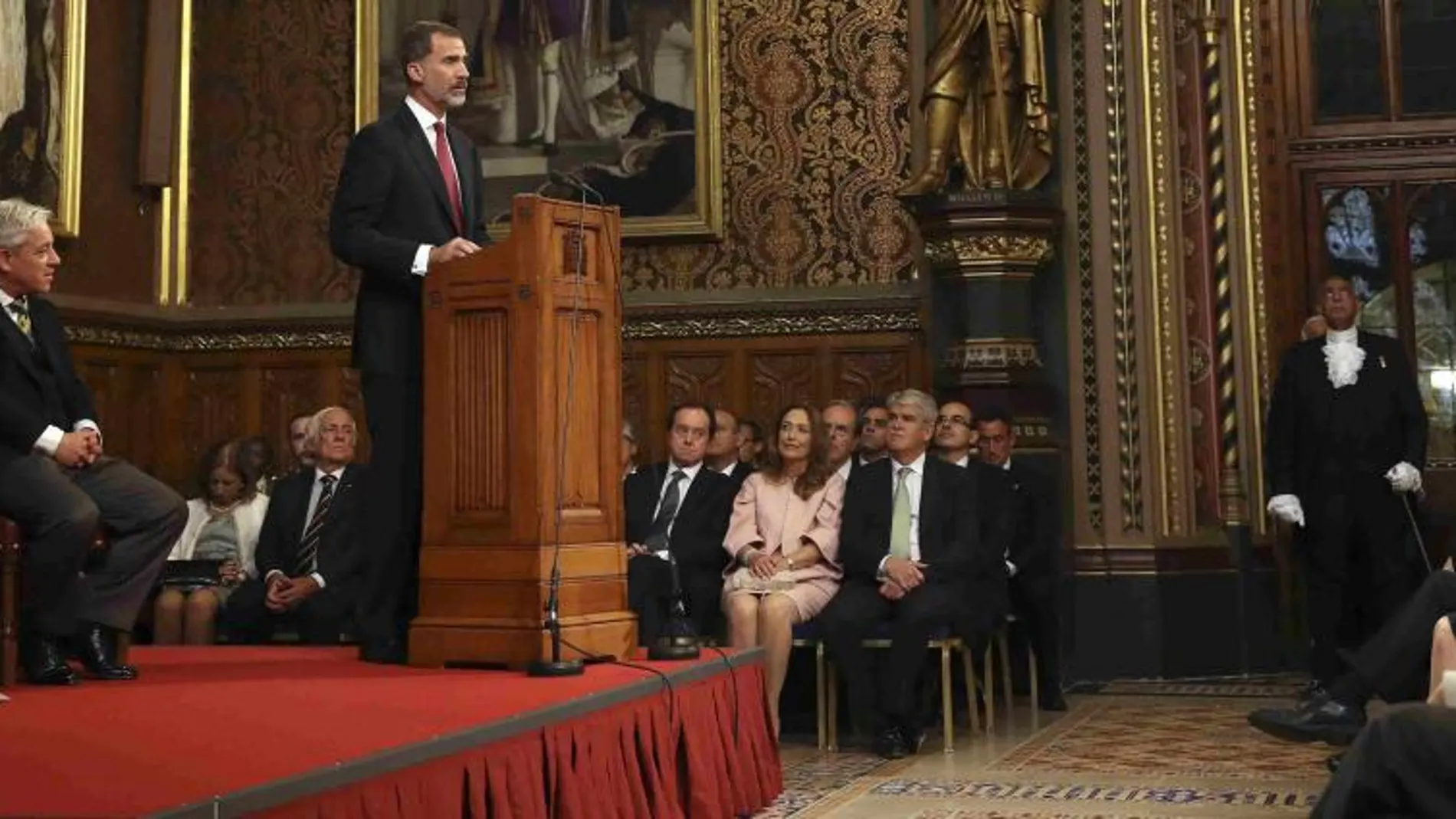 El Rey Felipe VI durante su intervención ante la sesión conjunta extraordinaria de las dos Cámaras del Parlamento británico celebrada en la Royal Gallery del Palacio de Westminster