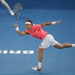El tenista español David Ferrer golpea la bola durante su partido de la segunda ronda del torneo internacional de Brisbane