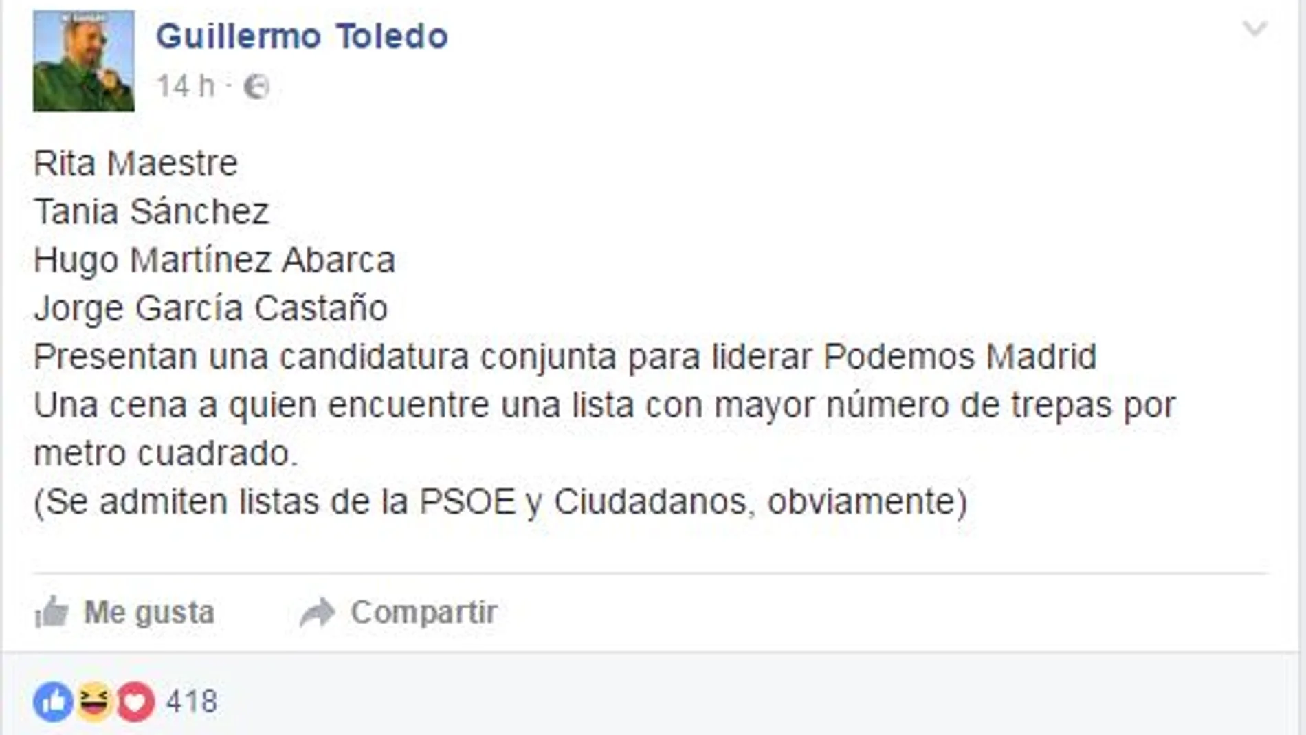 Mensaje de Willy Toledo en su Facebook arremetiendo contra Podemos