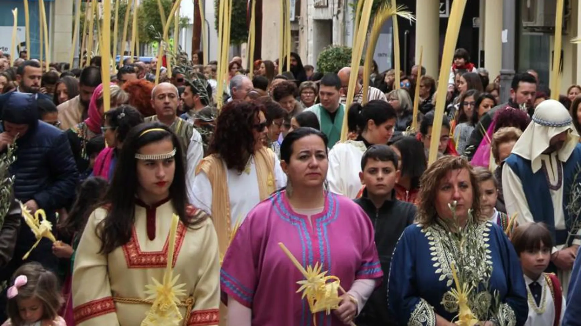 Cientos de ciudadanos participaron ayer en la Procesión del Pueblo Hebreo, portando las palmas y las ramas de olivo, que recorrió las principales calles de la localidad