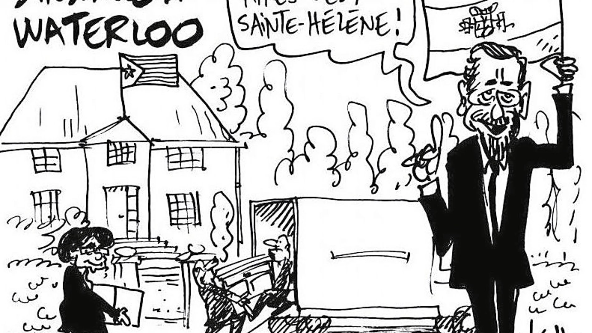 El dibujante Pierre Kroll dedica una viñeta en el periódico belga «Le Soir» a la mudanza de Puigdemont mientras Rajoy dice: «Este es solo el inicio, después llegará Santa Elena», isla donde Napoleón fue deportado tras la derrota de Waterloo