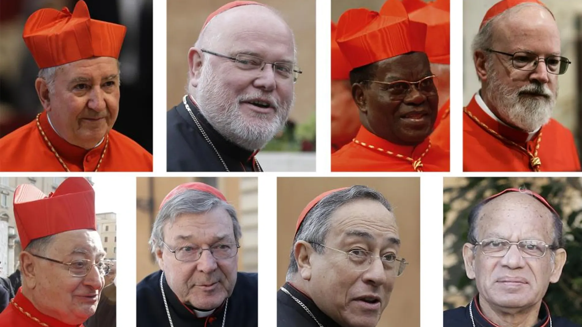 De izda a dcha y de arriba abajo, Francisco Javier Errázuriz Ossa, Reinhard Marx, Laurent Monsengwo Pasinya, Sean Patrick O'Malley, Giuseppe Bertello, George Pell, Oscar Andrés Rodríguez Maradiaga y Oswald Gracias