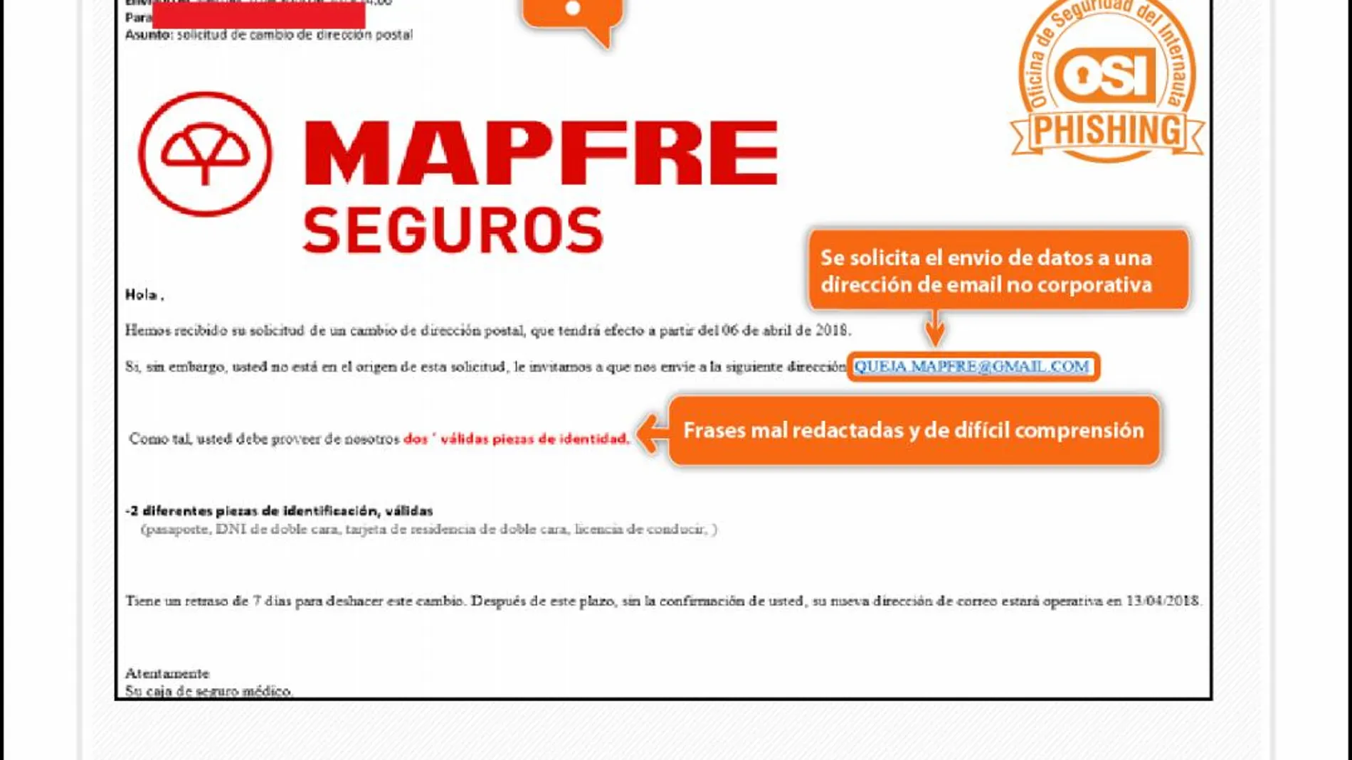 Aspecto de uno de los correos fraudulentos de Mapfre