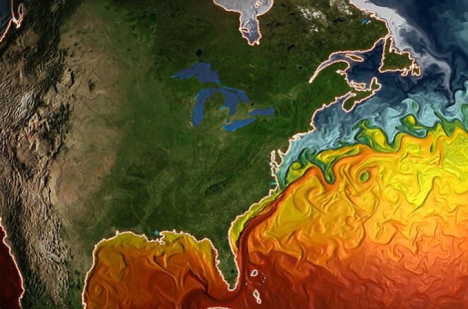 Imagen de la temperatura de superficie del Atlántico Norte simulado por el modelo CM2.6