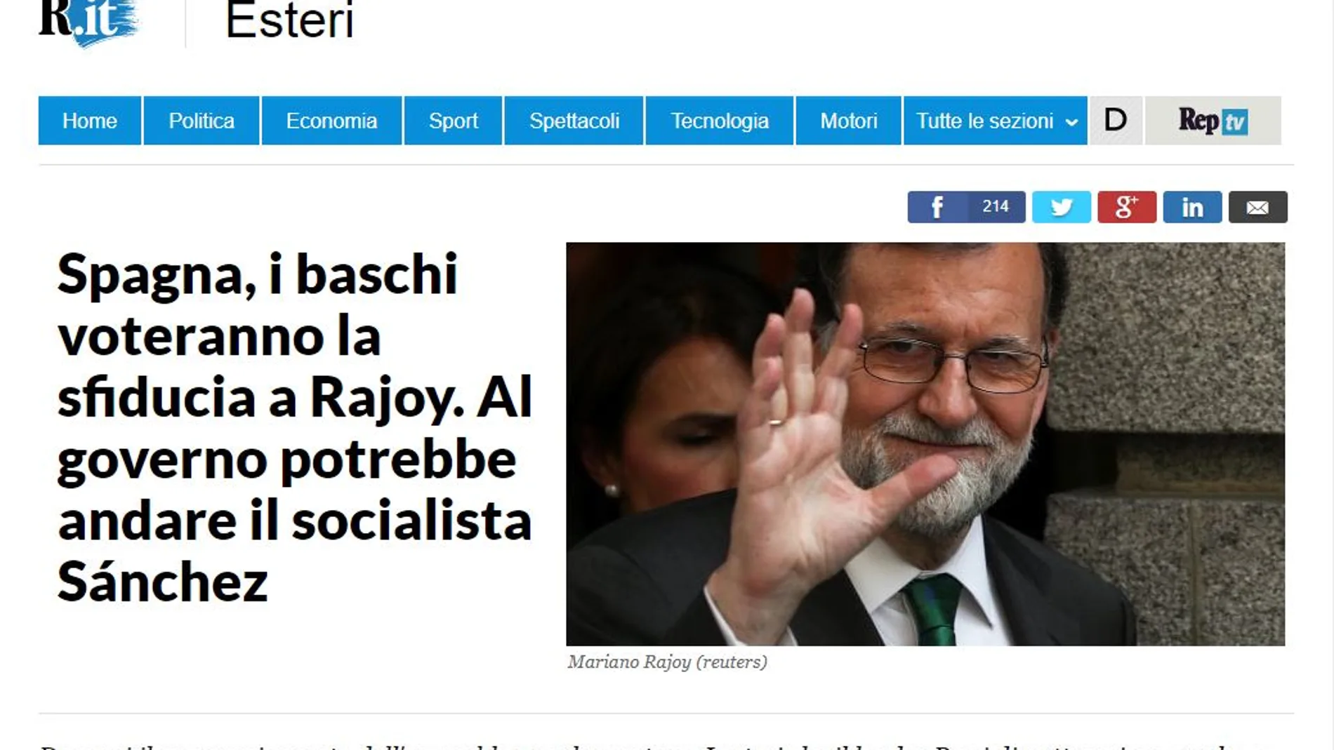 Titular del periódico italiano «La Repubblica»