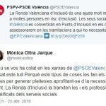 La vicepresidenta del Consell , Mónica Oltra (Compromís) calificó en Twitter de «ultra» la iniciativa del PSPV sobre asesoramiento a la ciudadanía sobre la renta de inclusión