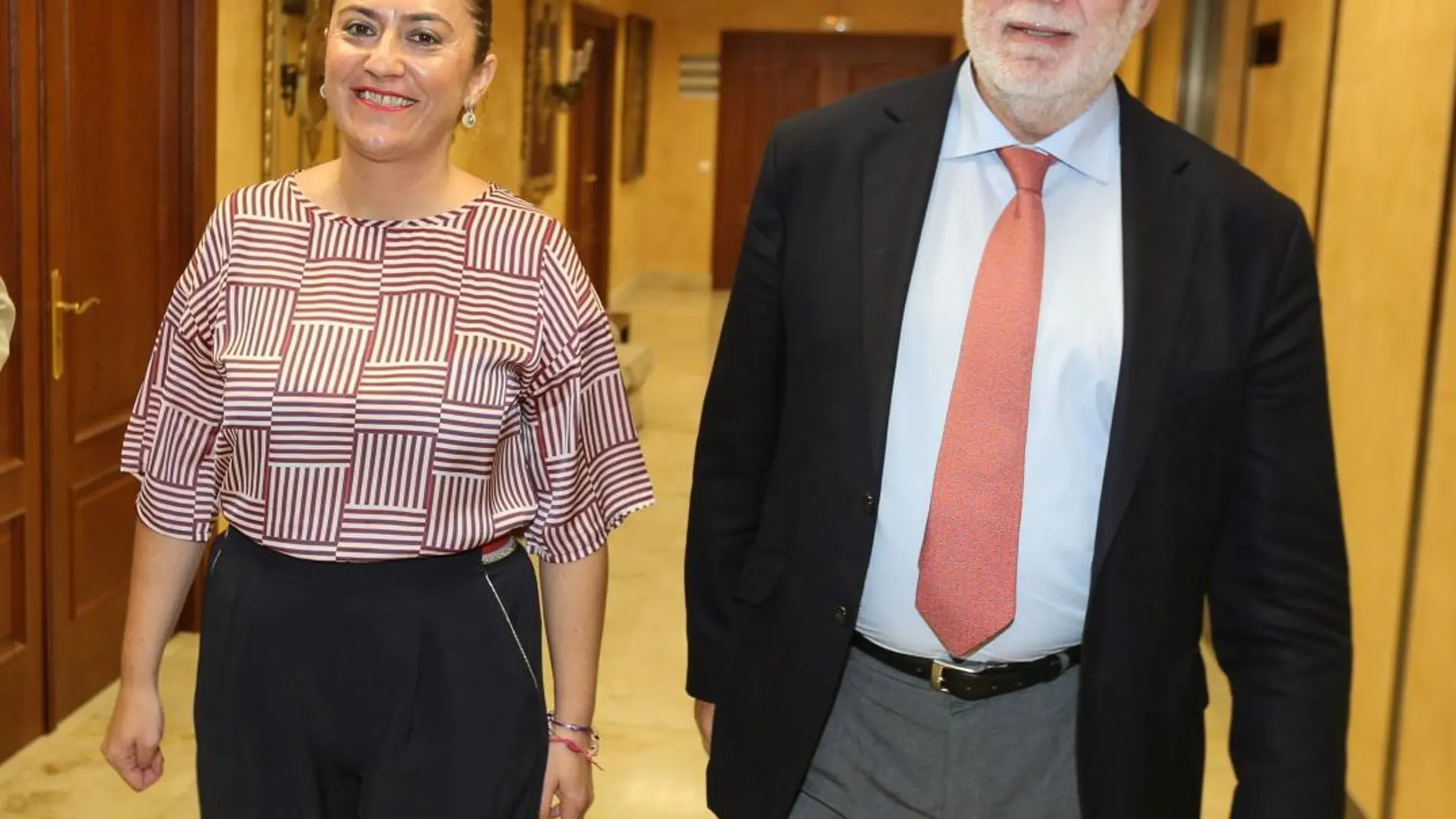 Virginia Barcones y Santiago Aparicio, tras reunirse en la delegación del Gobierno