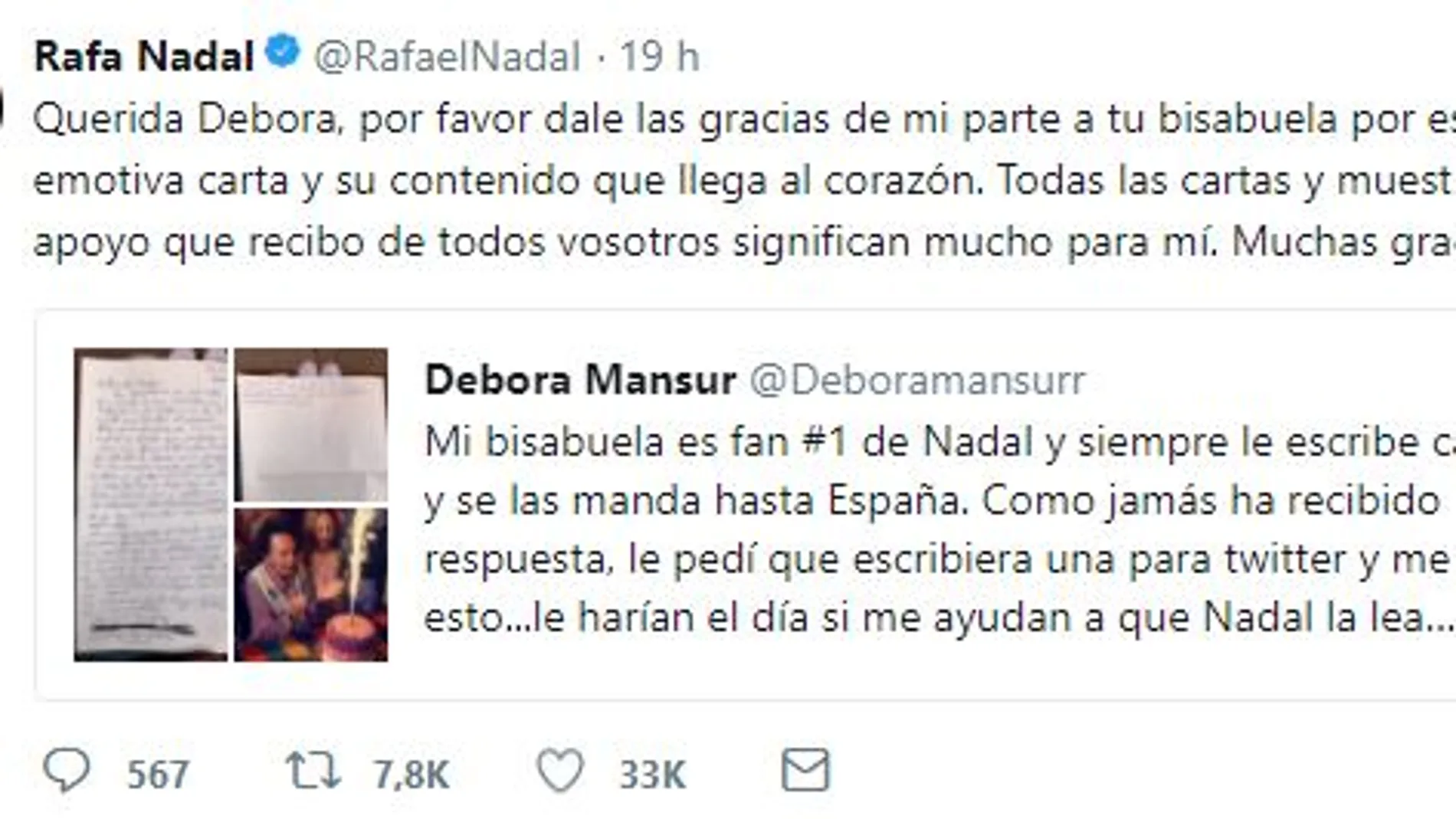 La cariñosa respuesta de Rafa Nadal a una fan de 92 años